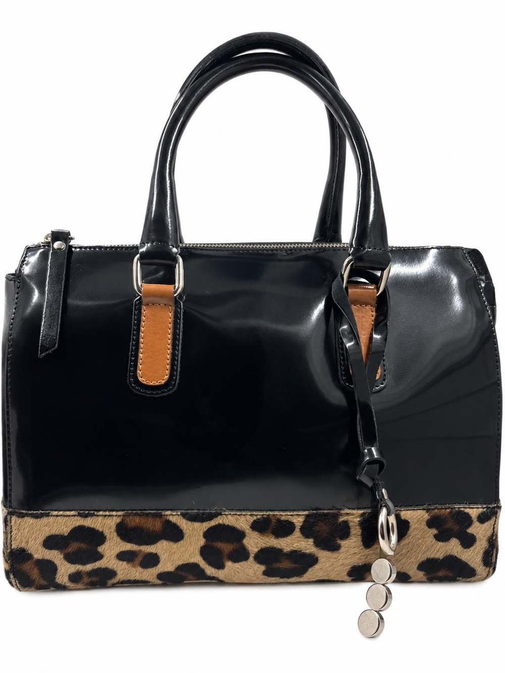 Asia Bellucci Black Patent Leather Leopard Calf Hair Satchel Italy